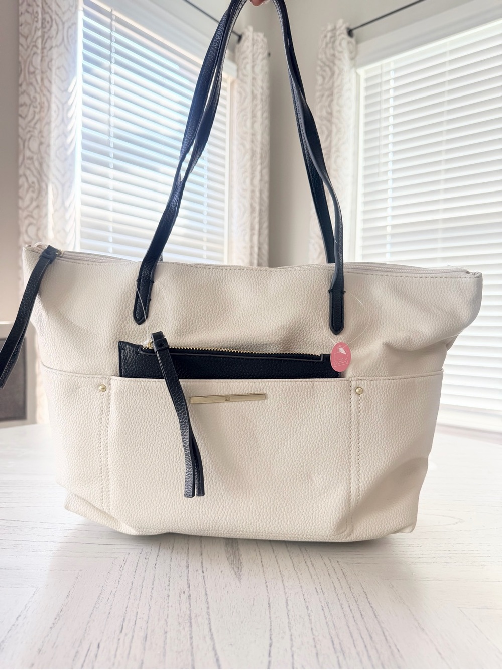 Structured White Tote with Black Trim - Everyday Shoulder Bag